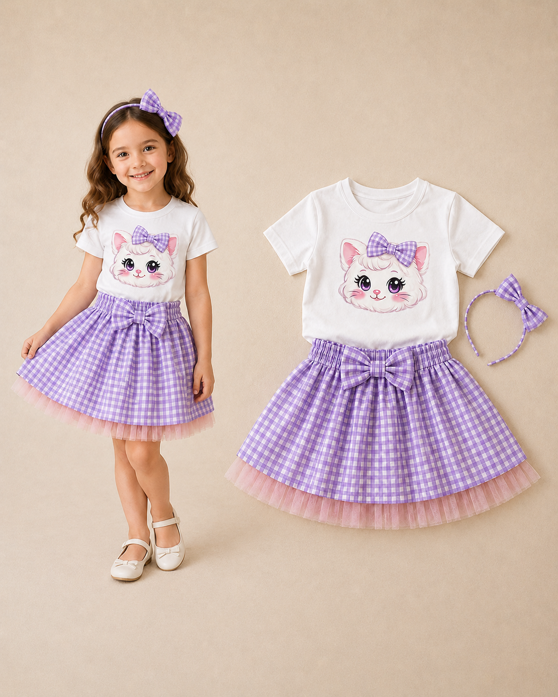 Conjunto infantil con falda vichy morada y camiseta gatita